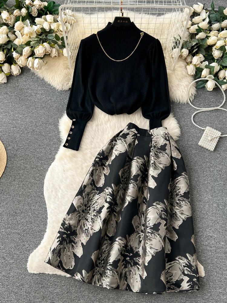 Women Vintage Two Piece Sets Autumn Winter Black Pullover Top and Slim A-line Jacquard Floral Long Skirt Elegant Outfits