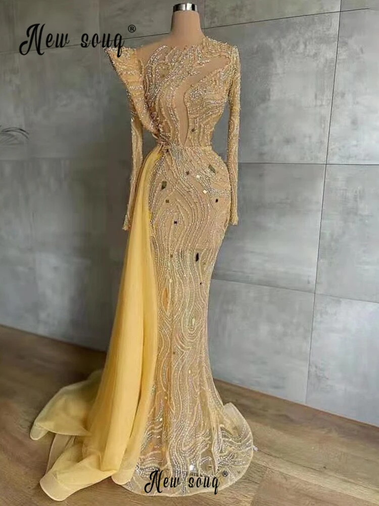 

2023 Gold Evening Dress with Train Arabic Women Beaded Mermaid Long Prom Gowns Vestidos De Fiesta Celebrity Dresses O Neckline