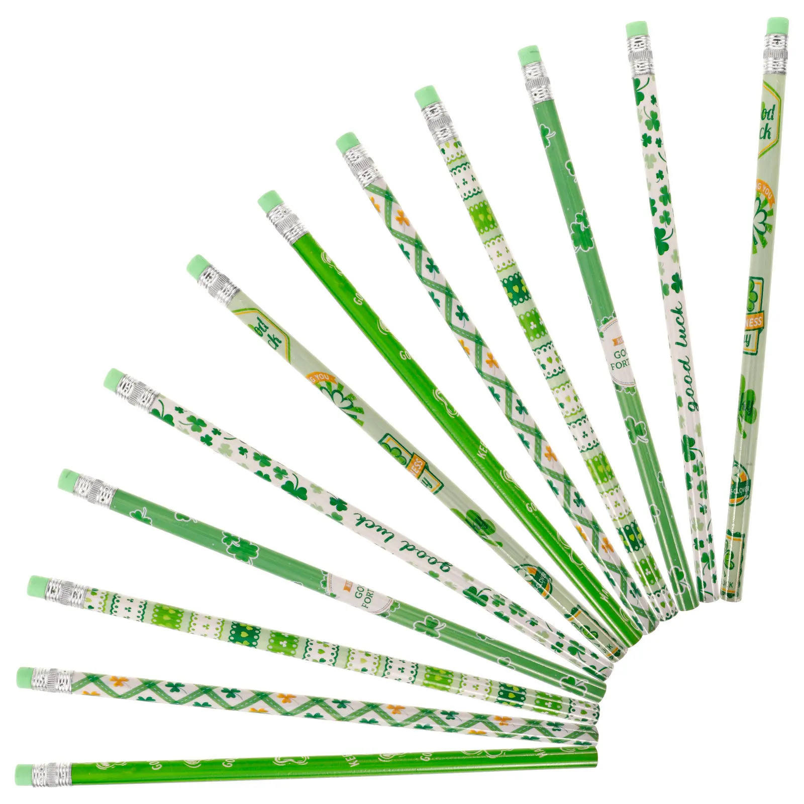 12Pcs Four Leaf Clover Wood Drawing Pencils Non-Latex Eraser Smooth Writing Pencils School Supplies St Patrick Day Gift