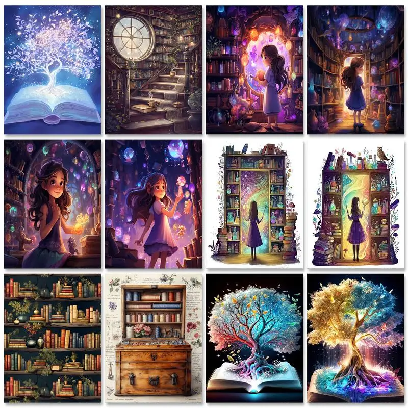 

PhotoCustom 5D Diamond Painting Bookstore Full Drill DIY Diamond Embroidery Landscape Diamond Mosaic Cross Stitch Home Decor
