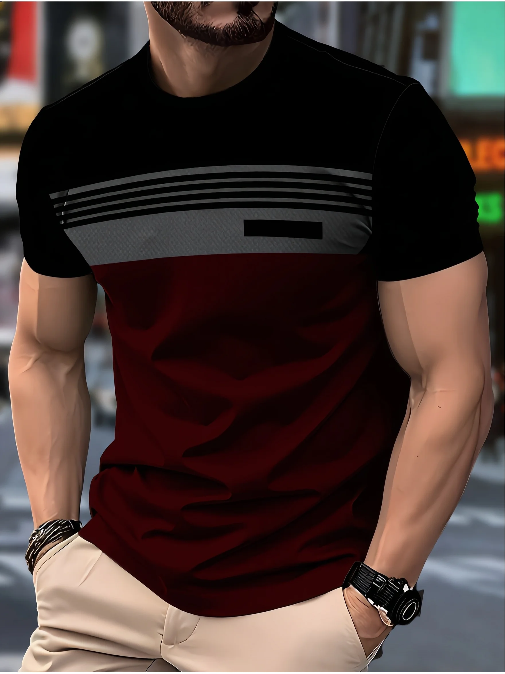 Men Black Grey Wine Red Color Block T‑Shirt Multi Horizontal Stripes Crew Neck Short Sleeve Casual Tops