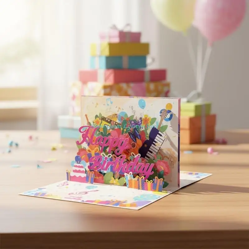 E74E carte vœux pop-up interactive faite à main avec des airs mélodiques pour fête