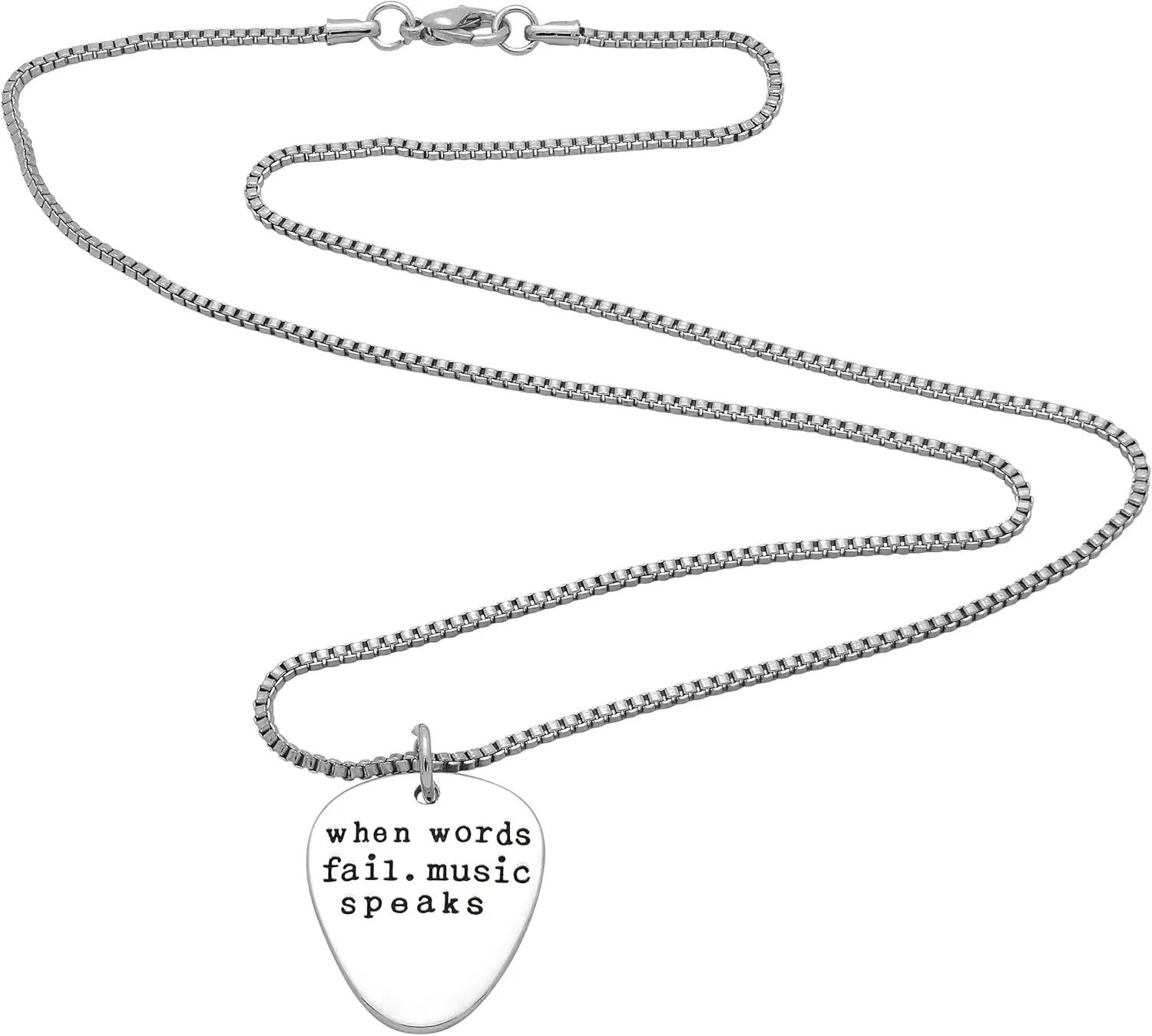 Art Attack When Words Fail Music Speaks Chain Necklace, Electric Guitar Pick Rock N Roll Love Metal Pendant Charm (Silver)