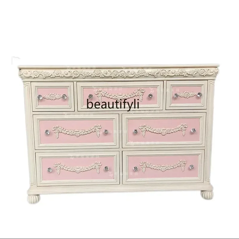 

yj32 French solid wood carving flower retro chest European storage locker pink dressing decorative cabinet
