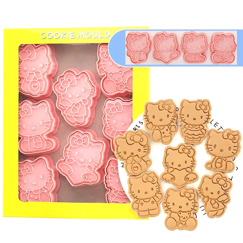 Juego de moldes para hornear de Hello Kitty, juego Kawaii para hornear galletas prensadas en 3D, herramienta para hornear galletas, regalo de laminación