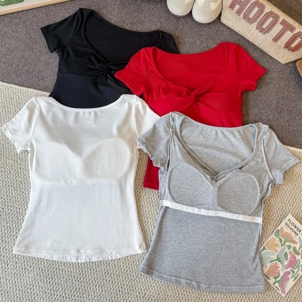 Summer New Pure Desire V-neck Knot Design Shoulder-length Short-sleeve Women's T-shirt Slimming Fixed Band Chest Pad Short Style