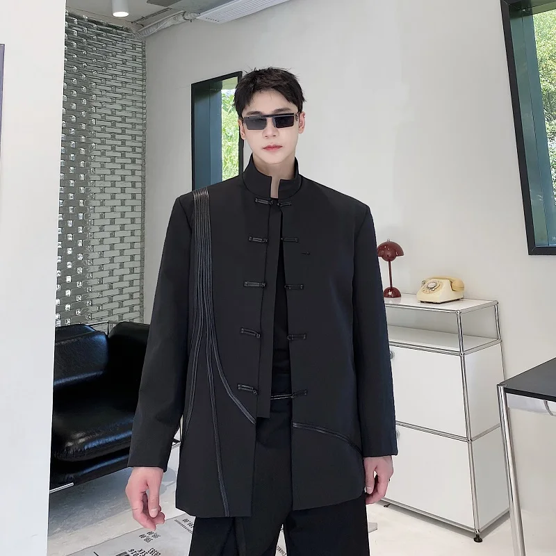 

Осенний мужской костюм в китайском стиле с воротником-стойкой, в западном стиле, с кожаными шнурками и бахромой, дизайн Sensation Haome aa