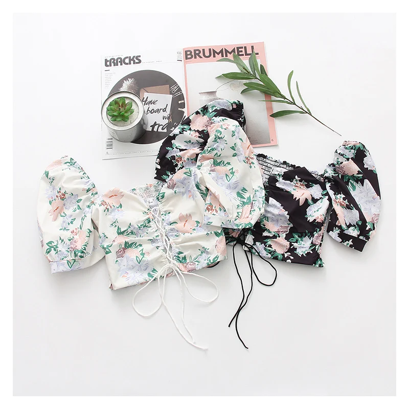 

Vintage Floral Printing Square Collar Chiffon Shirts Women 2023 New Summer Koeran Style Sexy Puff Sleeve Lace-Up Short Blouses