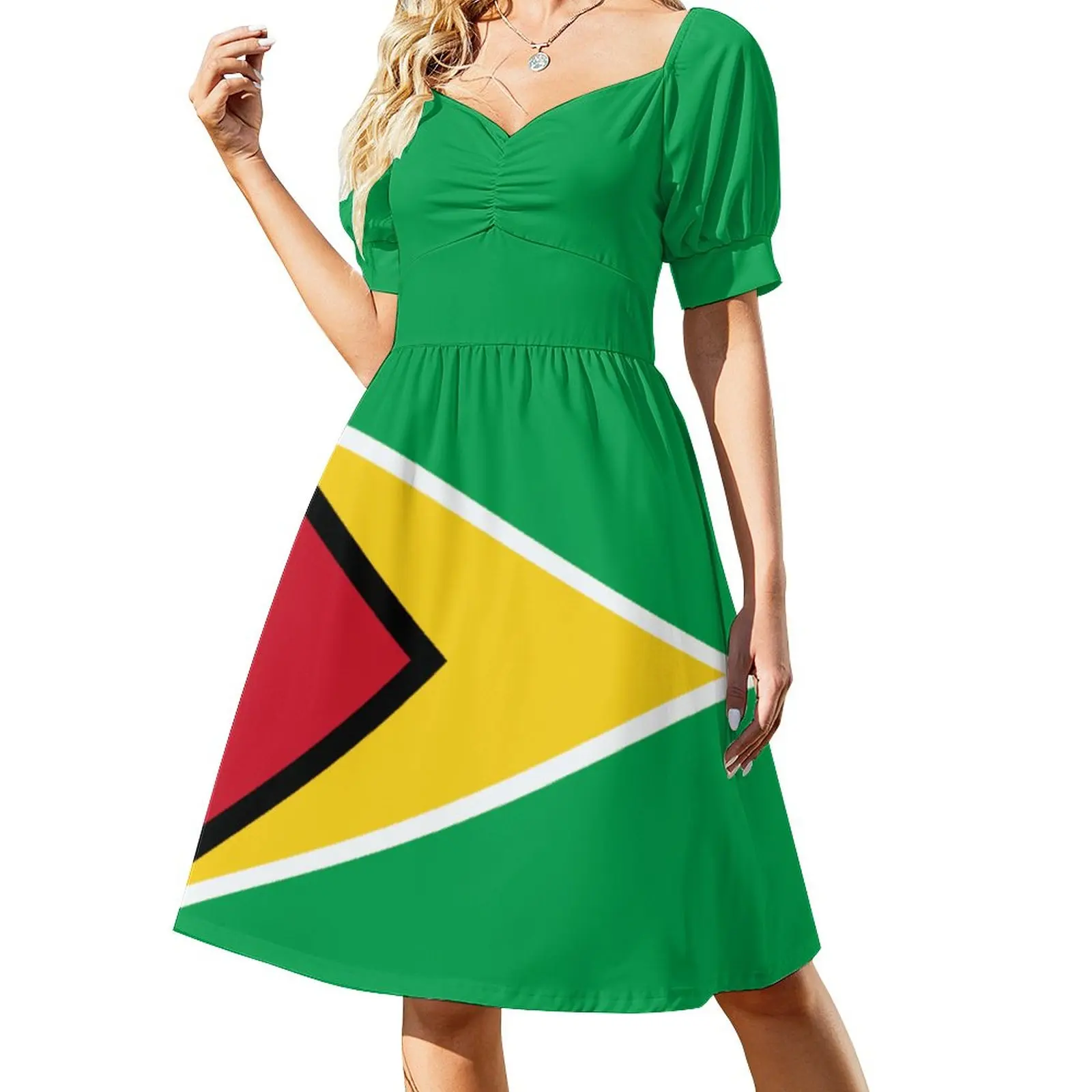 

Guyana Flag Dress Kawaii Dresses Female Short Sleeve Aesthetic Casual Dress V Neck Oversized Vestido