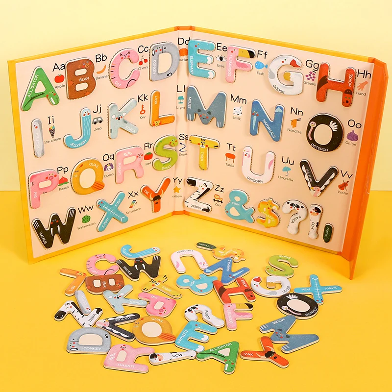 Montessori Holz magnetische englische Buchstaben Brettspiel Alphabete Sprachen lernen Buch pädagogische Rätsel Spielzeug für Kinder