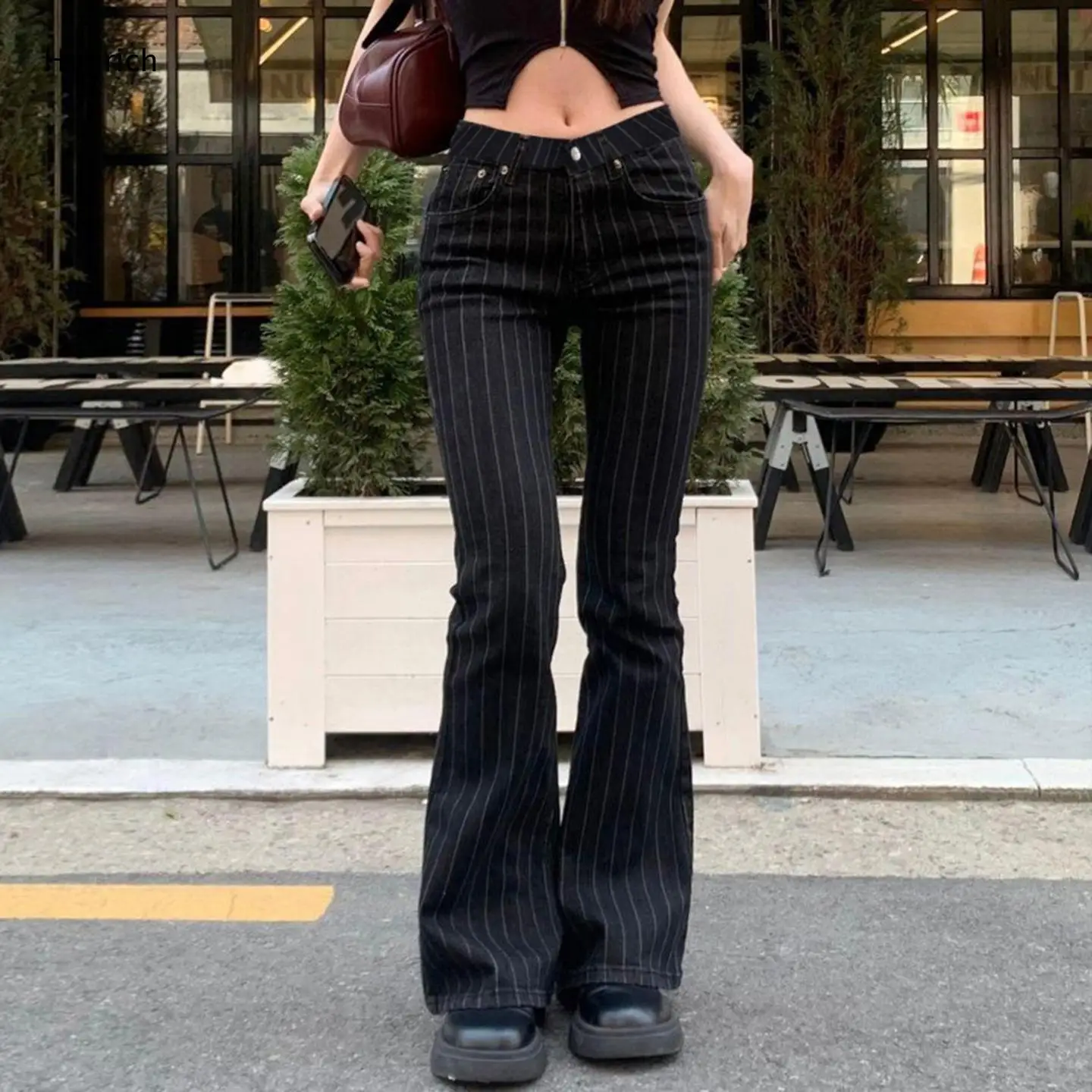 Women's Classic Vertical Stripe Flared Denim Pants High Waist Slim Cut Multi Pocket Vintage Street Casual Daily Wear Trousers