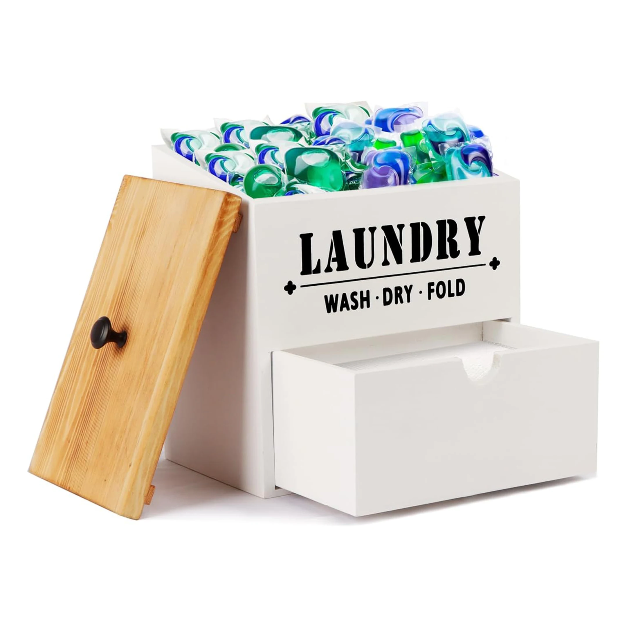 Laundry Room Dryer Sheet Container Pine Wood Detergent Dispenser Holder Organizer Storage Box with Lid Dryer Balls Laundry Pods