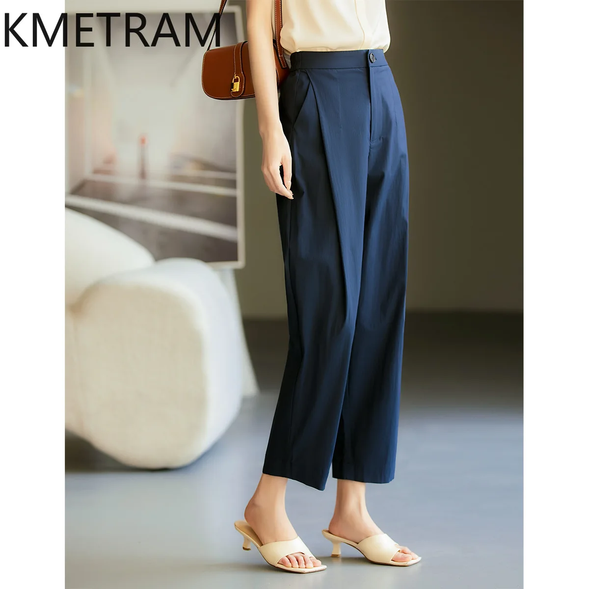 KMETRAM 60% Cotton Pants for Woman Summer High Waist Straight Suit Trousers Japanese Style Pants 2026 Women Clothing ropa mujer