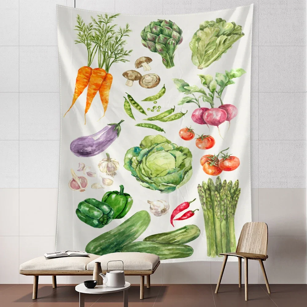 HD-Colorful Vegetable, Fruit & Mushroom Wall Hanging – Retro Style Tapestry for Decorative Wall Art