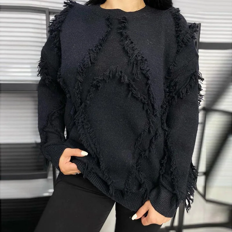 

2025 Autumn Irregular Patchwork Tassels Sweater Women Fashion Long Sleeves Loose O-neck Pullover Winter Ladies Tops Streetwear