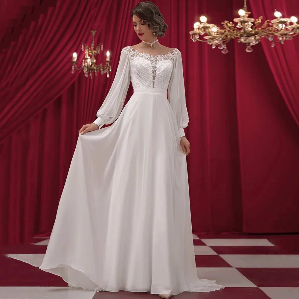 

Graceful Chiffon Long Sleeves Wedding Dress with Sweep Train Women A-Line Sheer O-Neck Sequined Bridal Gowns with Button Back