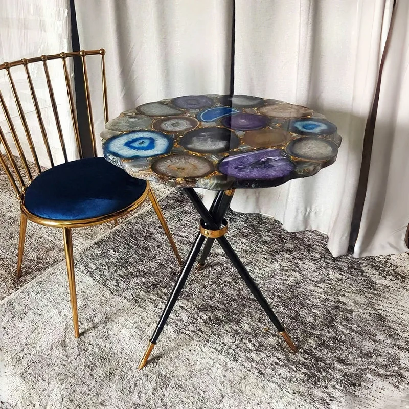 

Natural agate round table designer stainless steel living room home jade light luxury
