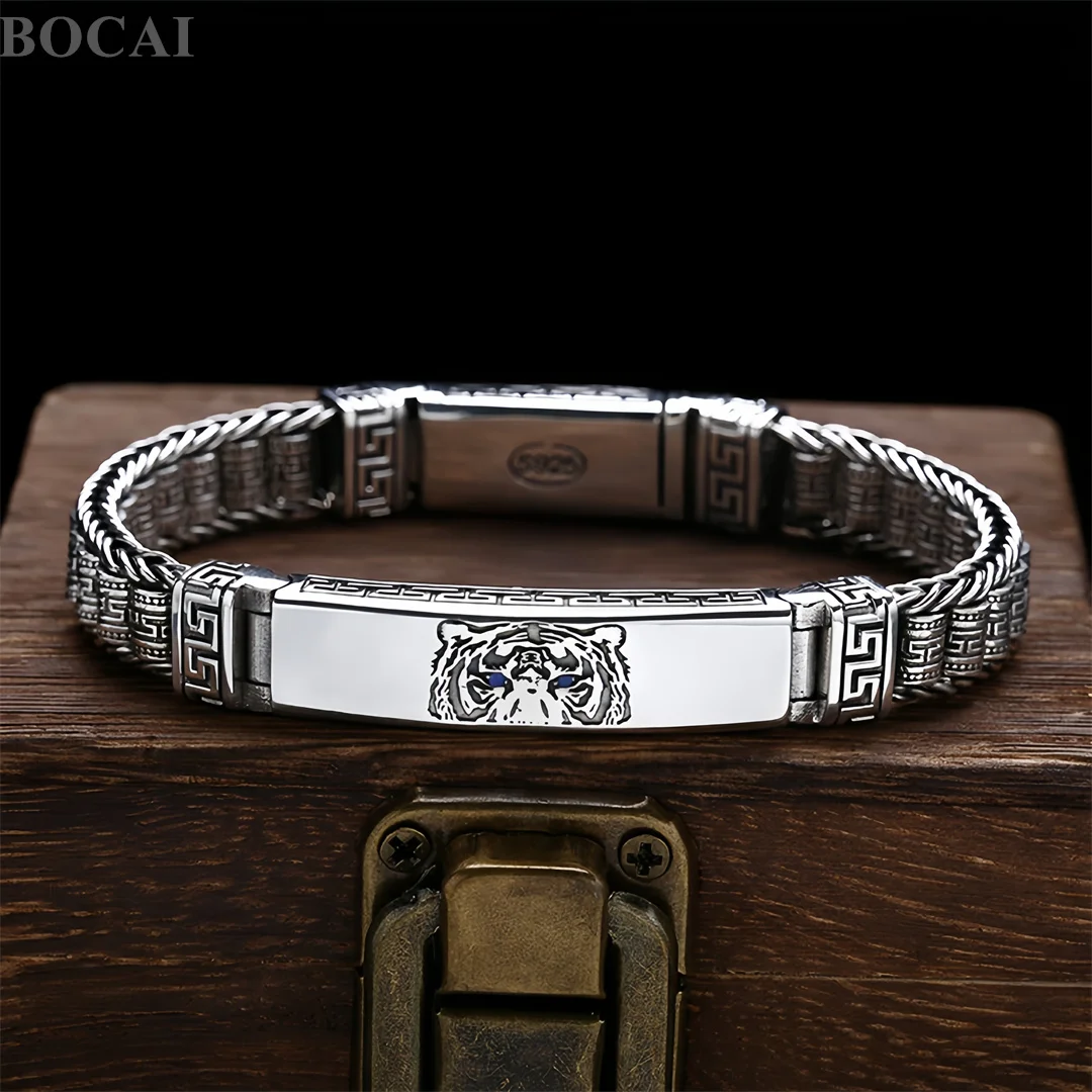 BOCAI New S925 Sterling Silver Charms Bangle for Men Antique Great-wall Pattern Prayer Wheel Tiger Bracelets Fine Choice Jewelry