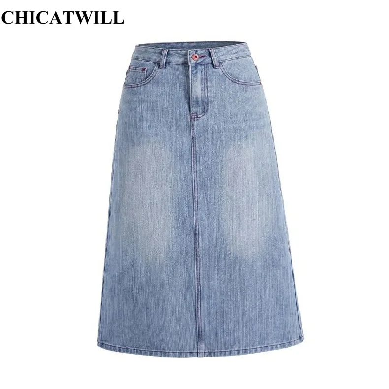 CHICATWILL French Elegant High Waist Denim Skirts Women Sexy Split Embroidery Letters A-Line Skirt Girls Casual Bottom Female