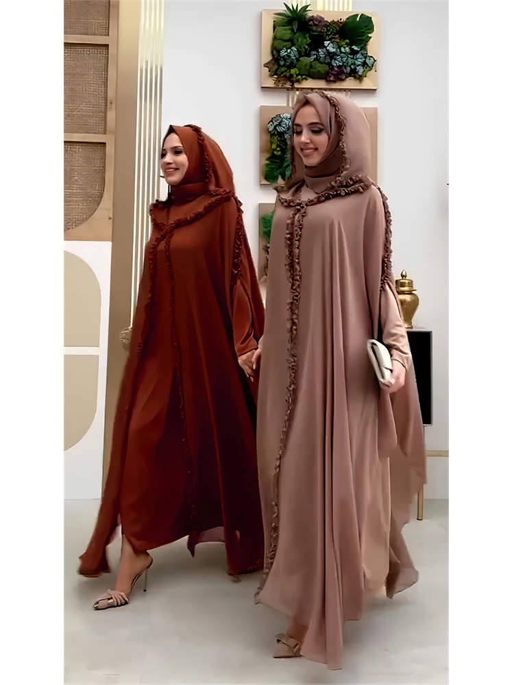 Imagem -03 - Conjunto de Vestido Muçulmano Ramadan Chiffon para Mulheres Khimar Islam Hijab Vestidos Africanos Kebaya Robe Kaftan Feminino Peças