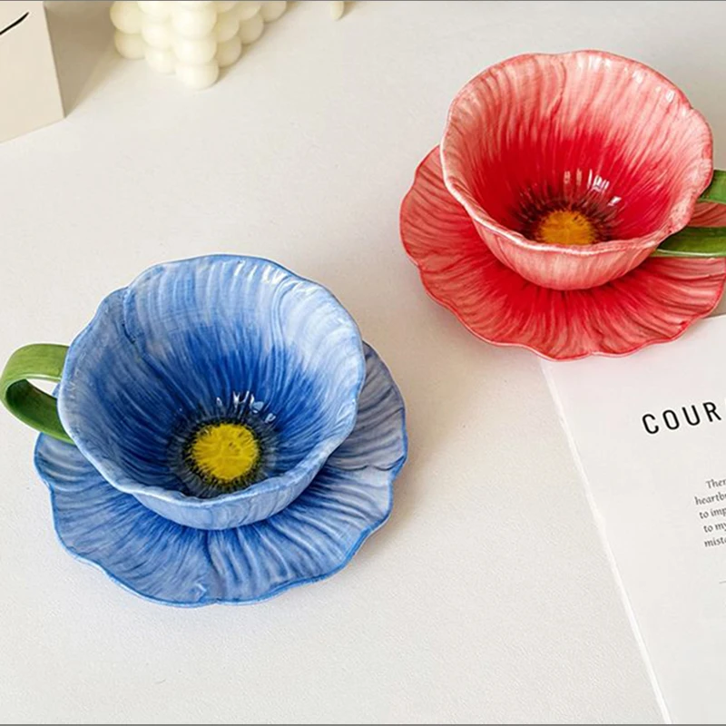 Taza de café de cerámica creativa, platillo, decoración de flores tridimensional, taza de café con leche delicada, taza de avena para desayuno en casa