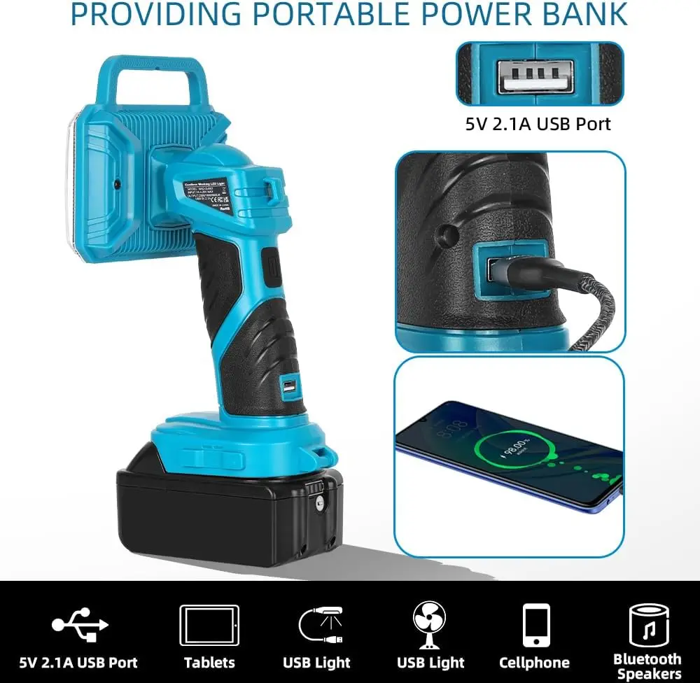 مصباح يدوي LED لاسلكي 18 وات 2000LM لماكيتا 18 فولت، منفذ USB، للتخييم والمشي لمسافات طويلة، وموقع العمل، والاستخدام الداخلي والخارجي (بدون بطارية) #5