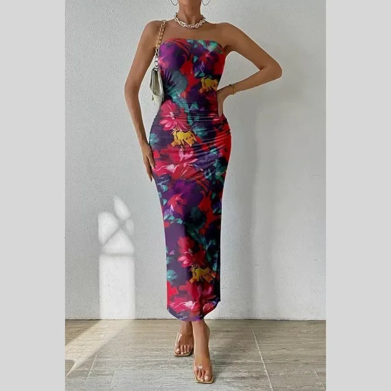

Women's Flower Printed Maxi Tubeless Dress Summer Vacation Off Shoulder Slim Beach Floor Length Long Dress Y2k Bohemia Robe 원피스