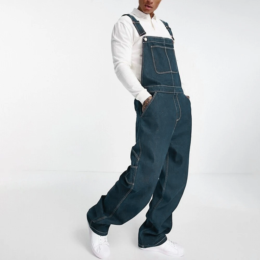 Men's Suspenders American Retro Denim Overalls Bibs Wear-Resistant Slash Pocket Baggy Jumpsuit for Men Streetwear Wide Leg Jeans