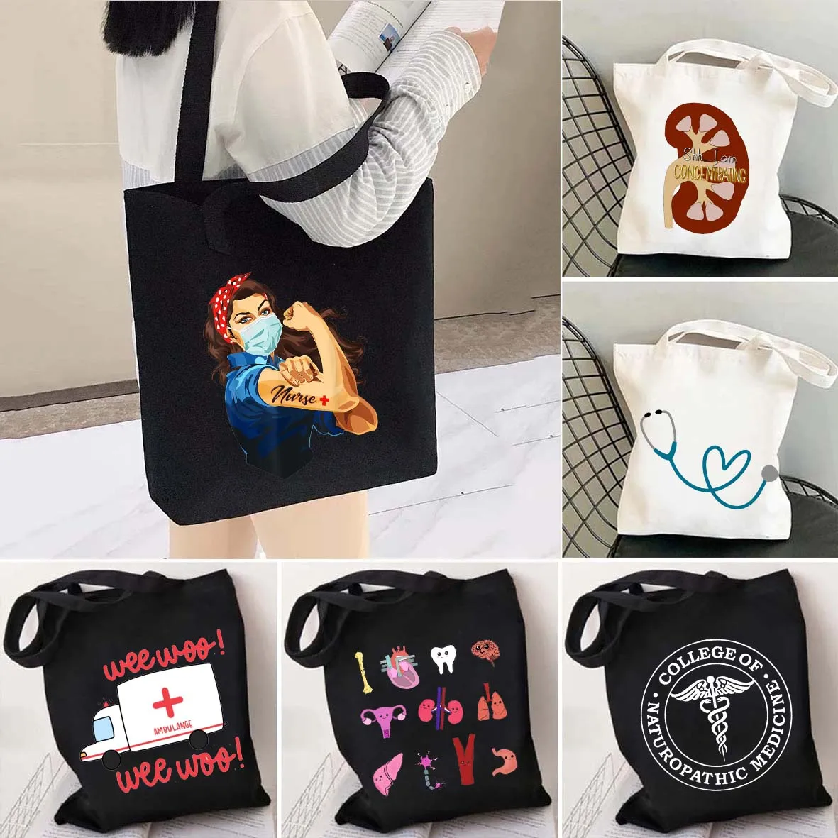 Cute Anatomy Doctor Nurse Medical Medicine Health Heart Brain Stethoscope Men Women Shoulder Canvas Totes Bags Shopping Handbags