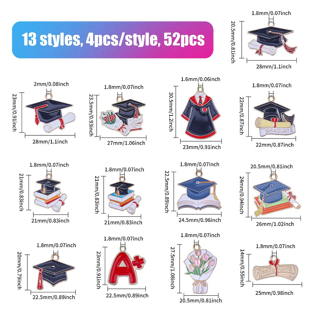 52 Pcs Graduation Charms Graduation Enamel Pendants Graduation Cap Charms Charms for DIY Keychain Necklace Earrings Bracelet