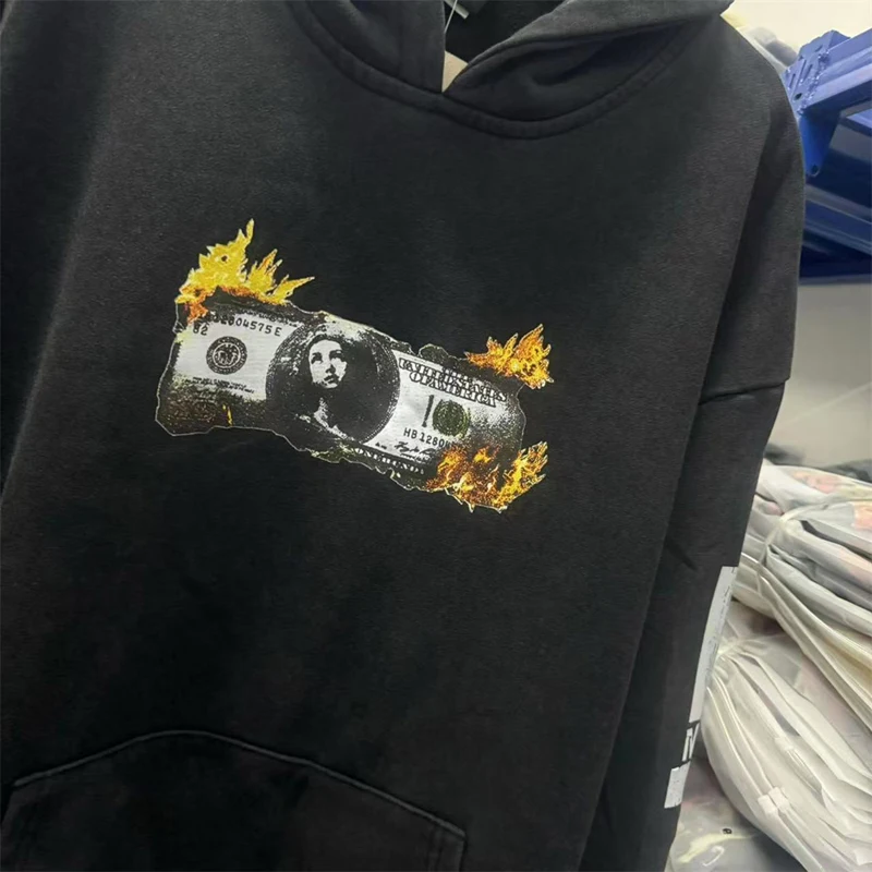 Flame Dollar Money Print Saint Hoodie Men Women America Streetwear Sweattshirts High Quality Printed Graphic Hooded Pullovers