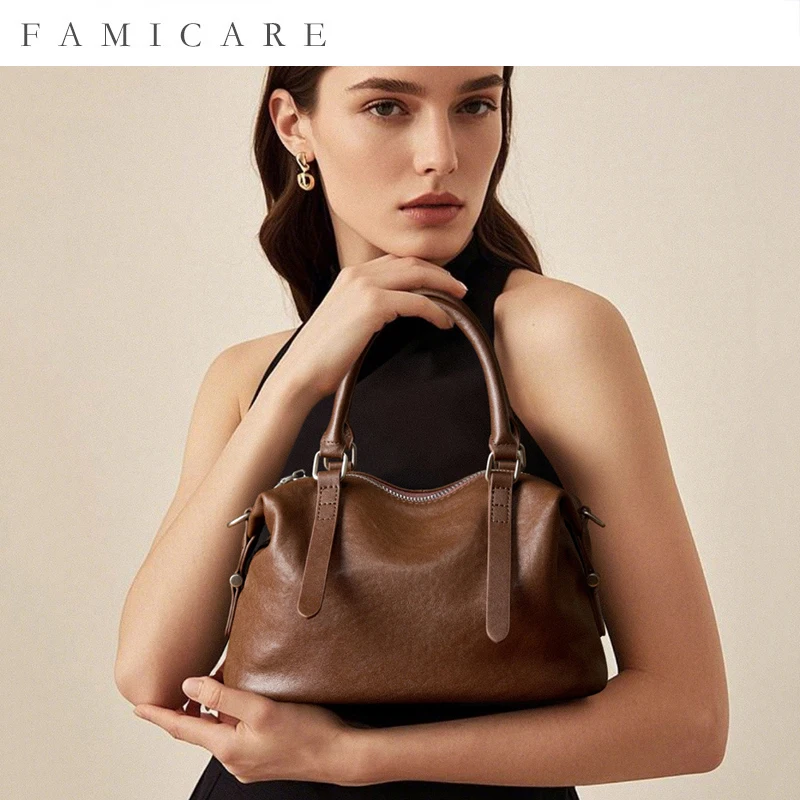 

New Women's Premium Retro Versatile Boston Pillow Bag Ladies Fashionable Commuting Top Layer Vegetable Tanned Cowhide Handbag