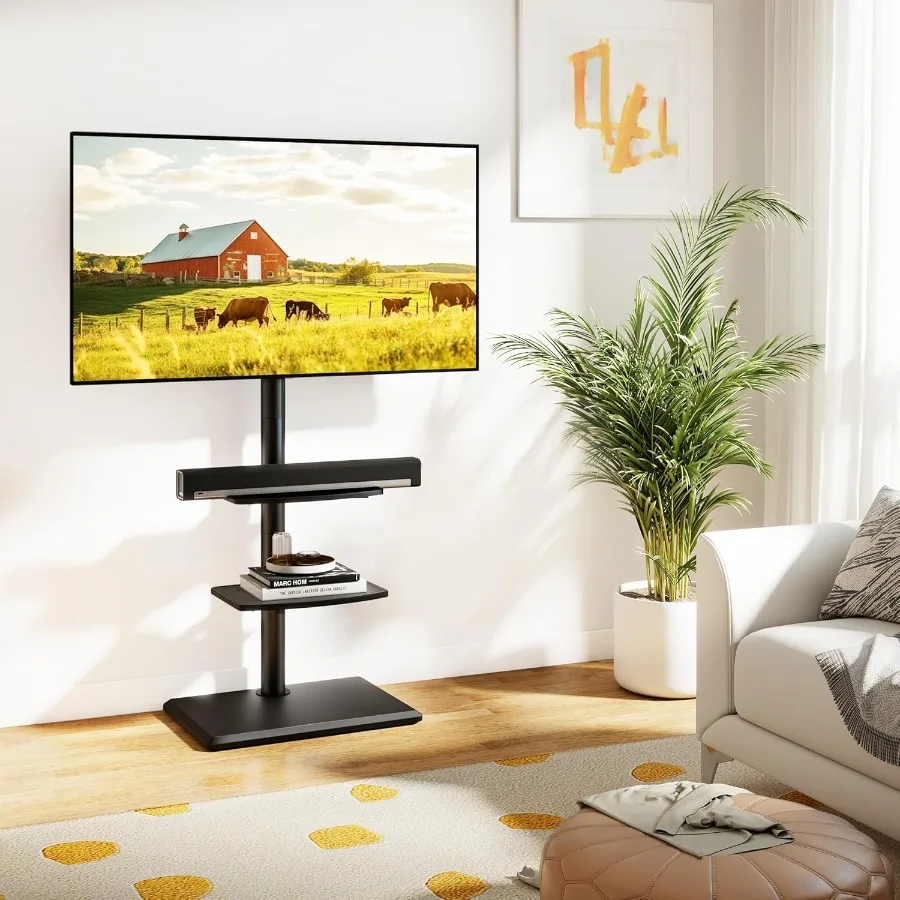 حامل تلفزيون أرضي دوار مع رفين لأجهزة التلفاز مقاس 3260 بوصة حتى 88 رطلًا، حامل تلفزيون قابل للتعديل مع رف قاعدة خشبية لتوفير المساحة