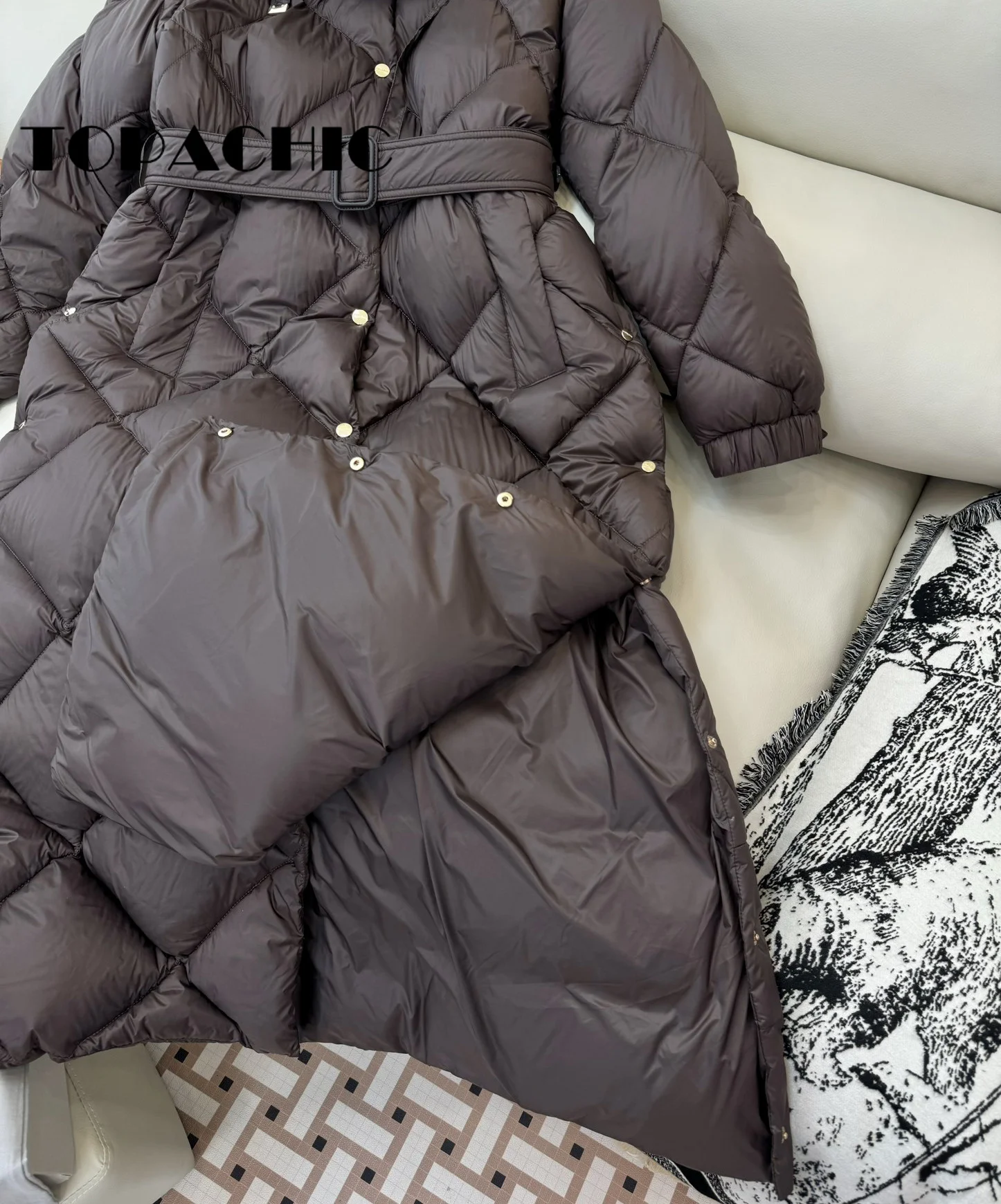 9.5 TOPACHIC-Women White Goose Down Hooded Long Outerwear Quilted Argyle Plaid Single Breasted Side Split Whit Sashes Down Coat