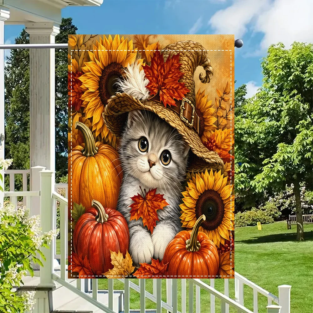 1PC Fall Cat in Witch Hat Garden Flag, Two-Sided Sunflower and Pumpkin Print, Perfect for Fall Patio and Outdoor Holiday Decor (