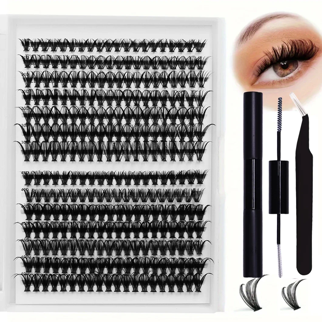 DIY Eyelash Extension Set: 280pcs Individual Lashes Cluster D Curl with Tweezers, Adhesive and Sealant