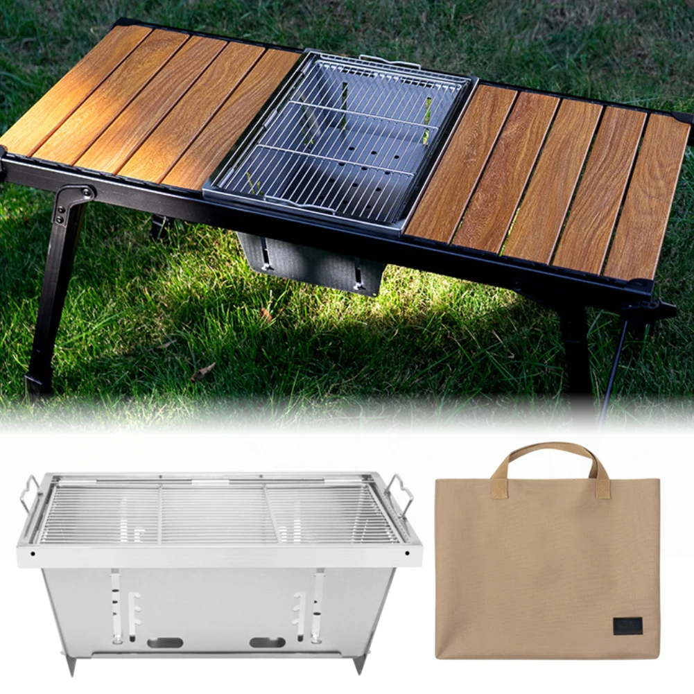 For IGT Camping BBQ Grill With Bag Folding Stainless Steel Charcoal Grill Tabletop Stainless Steel Cdesktop Stove Wood Burner