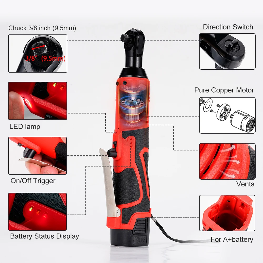 12v/18v chave de impacto chave elétrica recarregável sem fio 3/8 Polegada ângulo direito chaves da catraca chave de impacto ferramenta elétrica do