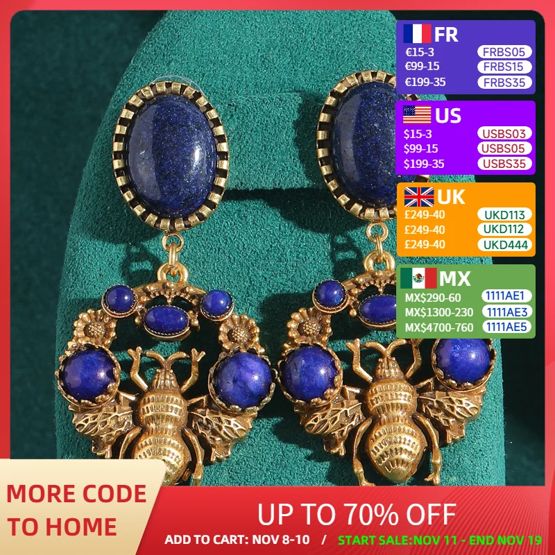 

Винтажные ювелирные изделия, серьги-капли с лазуритом и молью, пчелы, золотой цвет, роскошный дизайнерский синий натуральный камень, антикварные свадебные серьги 2025