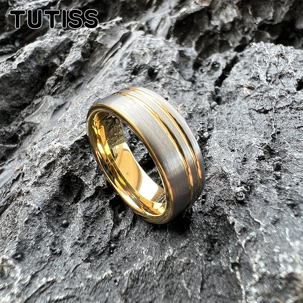 TUTISS 8mm Original Color Tungsten Men Women Wedding Band Forever Ring 2 Offset Lines Polished Comfort Fit