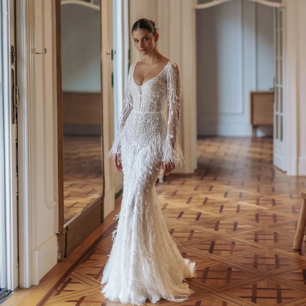 Customized Gown  Backless Dreamy Beaded Long Sleeve Wedding Dress Luxurious Feathers Mermaid Bridal Dresses For Bride