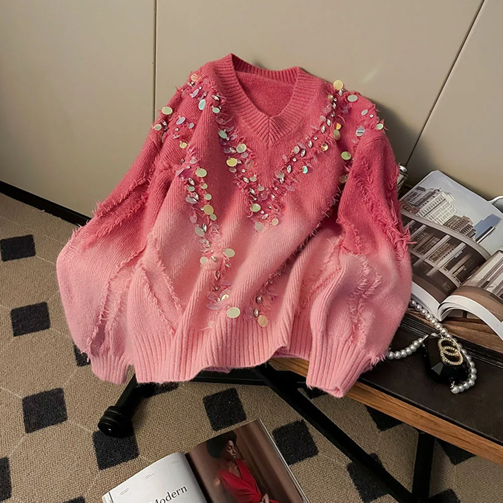 

Женский пуловер с V-образным вырезом и нерегулярным дизайном из пайеток, розовый, с длинными рукавами, модный вязаный свитер, повседневная женская одежда
