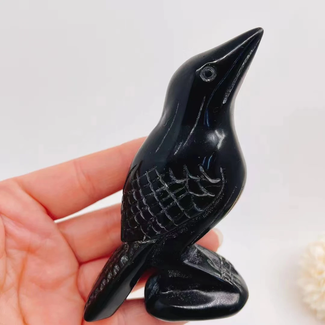 

Natural Black Obsidian Crystal Stone Crow Hand Carved Animal Figurine Energy Crafts Home Decoration As Gift