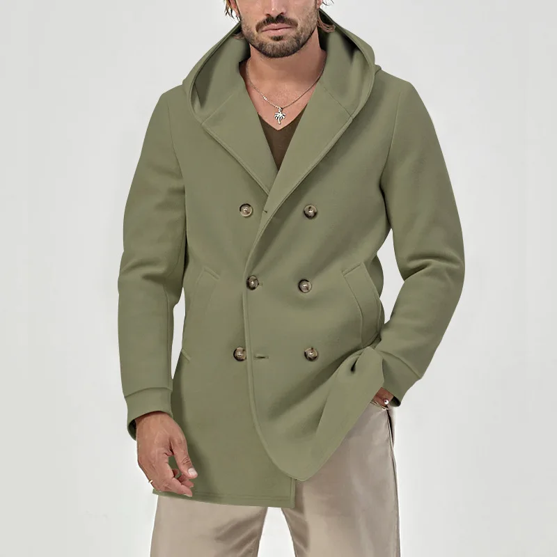 Trench da uomo europeo e americano lungo collo a scatto con cappuccio in cotone composito spaziale doppio petto trench casual