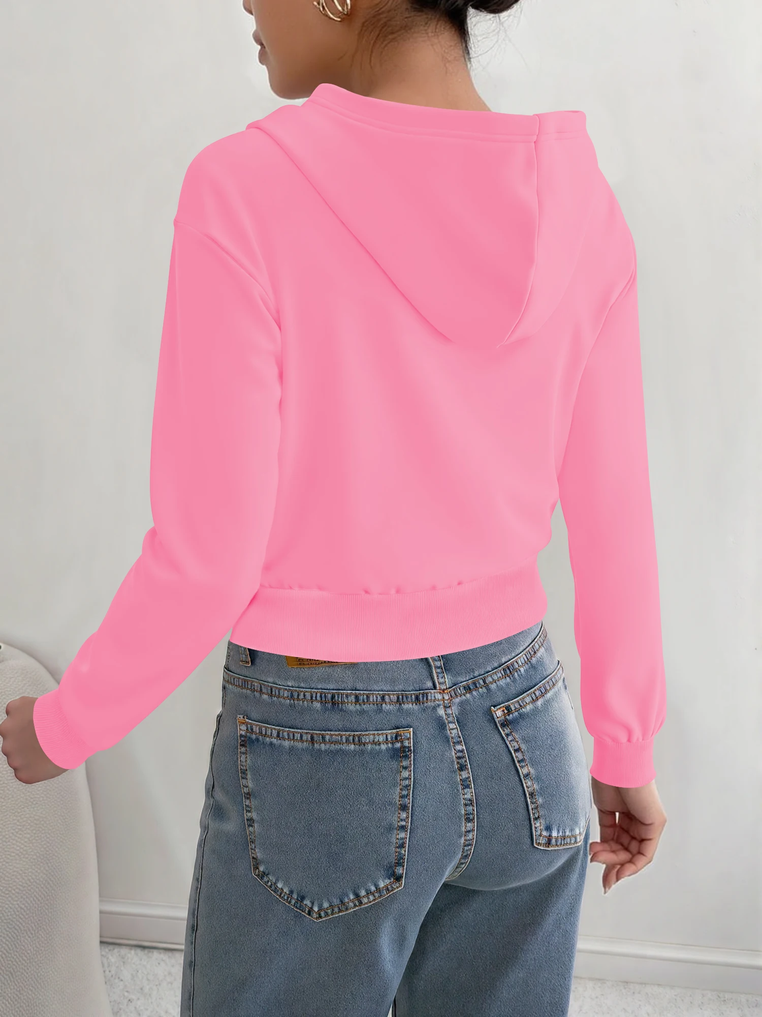 Daily Essential Solid Color Ladies Zip Up Crop Hooded Sweatshirt Long Sleeve Slim Fit Hood Outerwear