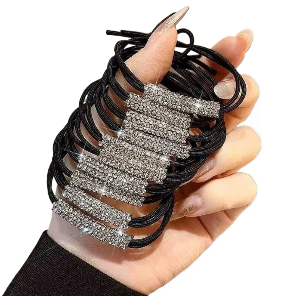 10 Pcs Women's Shiny Rhinestone Hairbands Fashion Bright Diamond Adult Hair Tie High Elasticity Rubber Band Ponytail Hair Tie