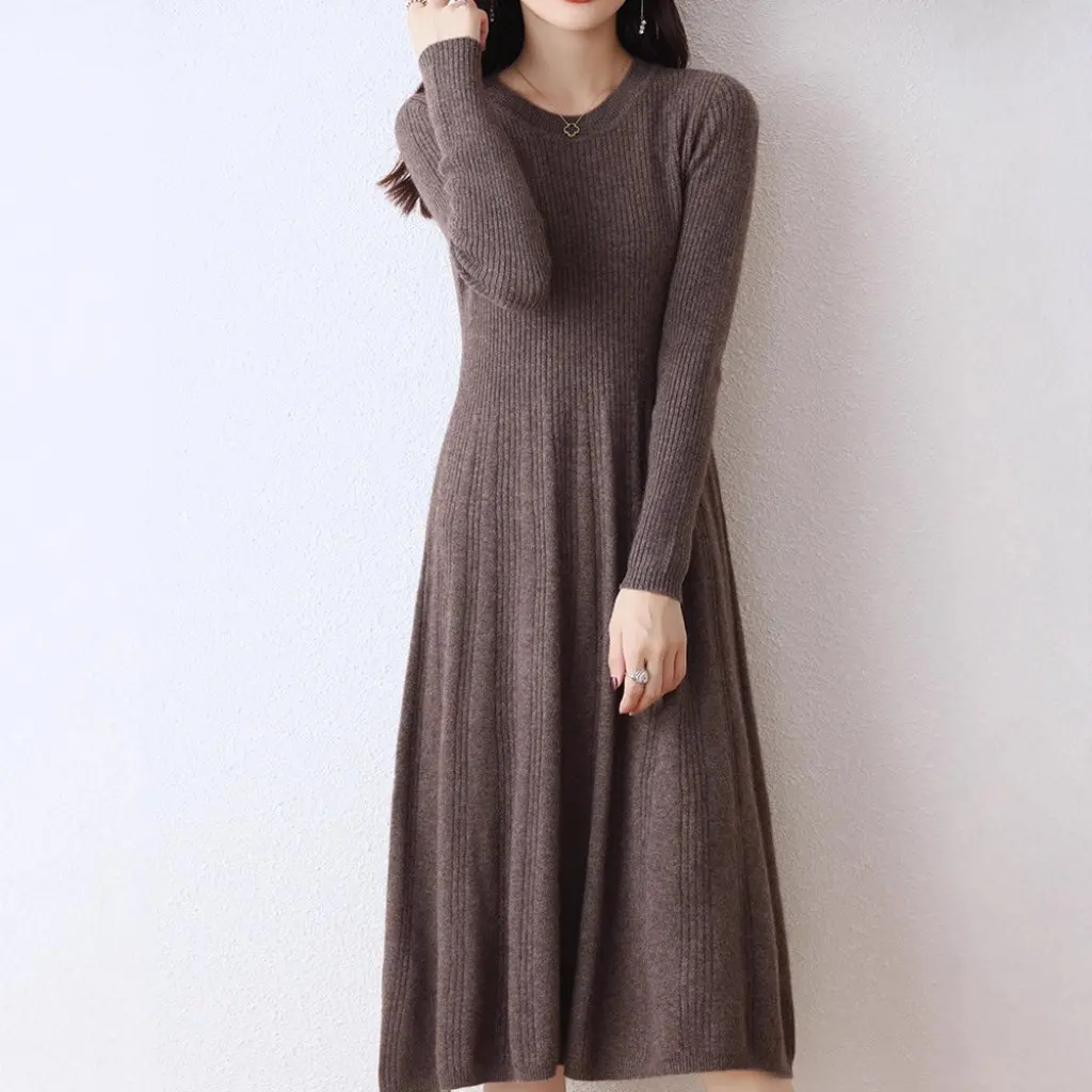 

Women's Slim-fit Knee-Length Knitted Dress 100% Wool Crewneck Sweater Base for Autumn Winter Tight Waisted