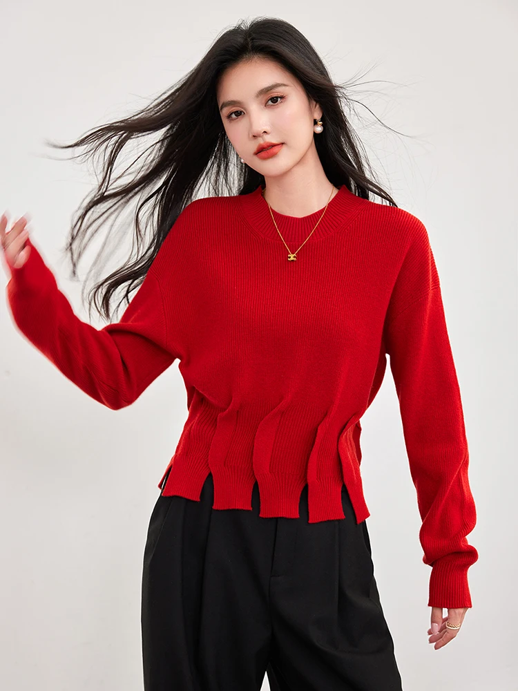 Vintage Warm Red Knitted Pullover Women Round Neck Long Sleeves Loose Sweater 2024 Autumn New Niche Design Casual Tops