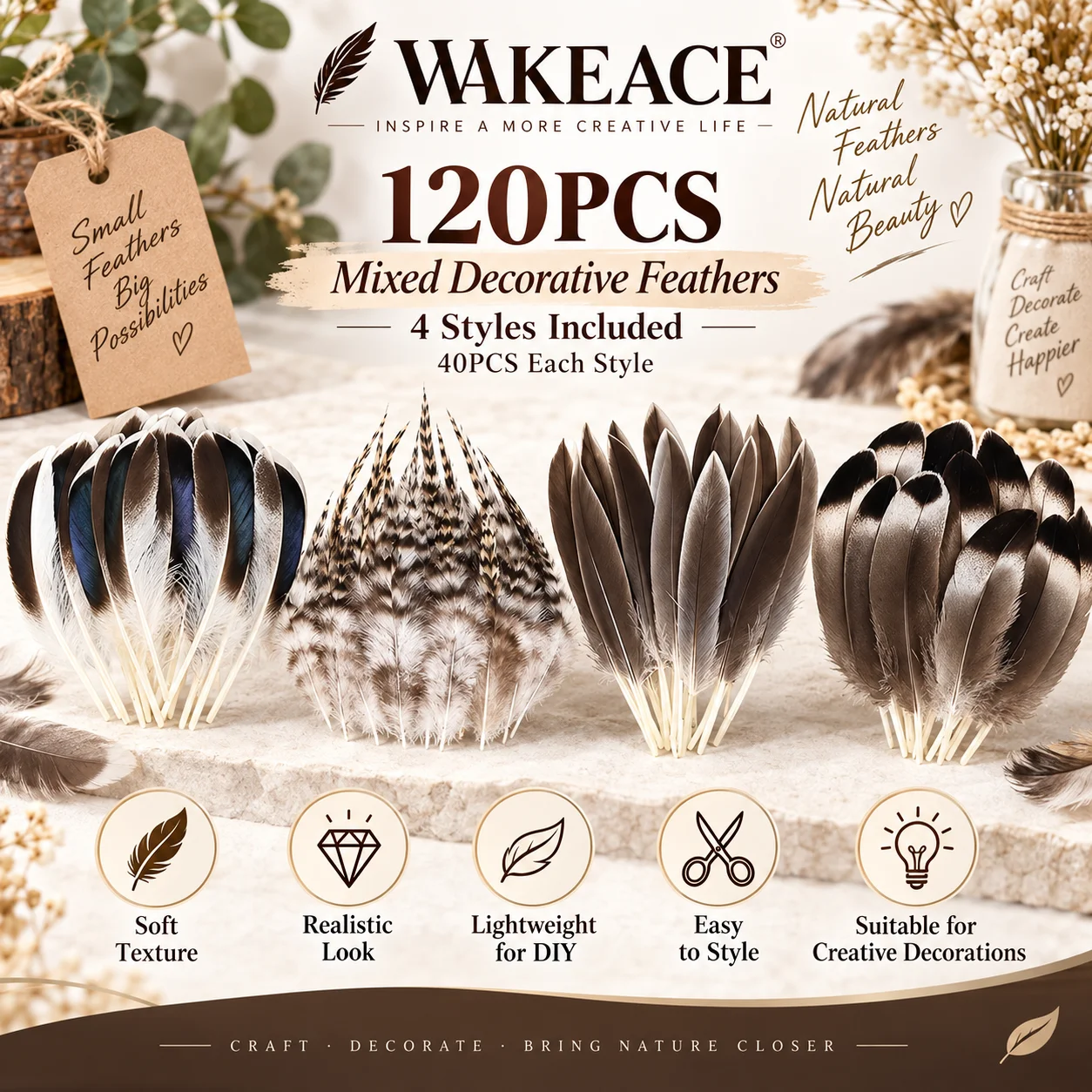 120PCS Mixed Decorative Feathers 4 Styles for DIY Crafts Hat Wedding Home Party Decor Costume Accessories