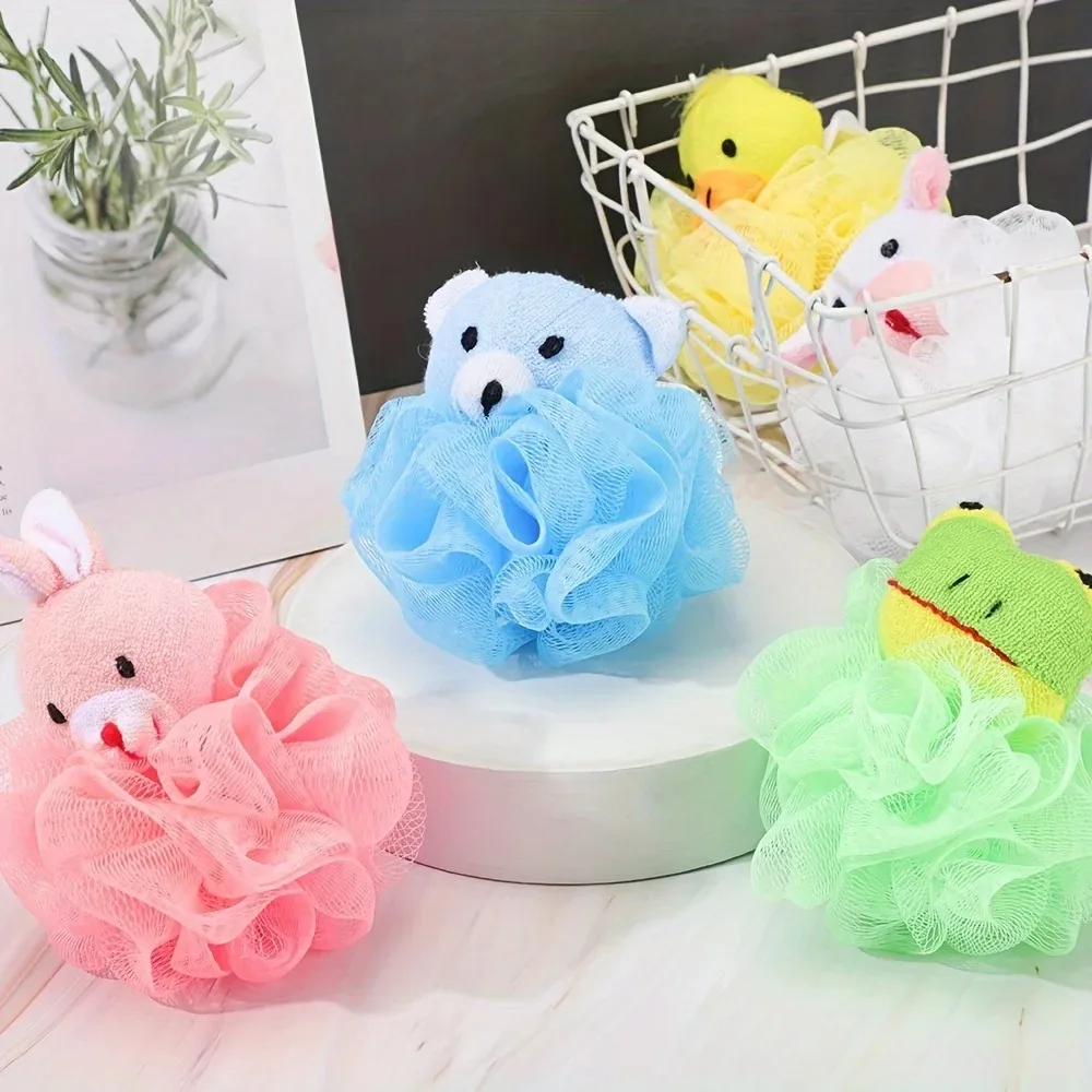 Cartoon Bath Pouf Puff Mesh Bath Sponges with Stuffed Animal Loofah Body Scrubbers for Toddler Rabbit Bear Duck Frog Design